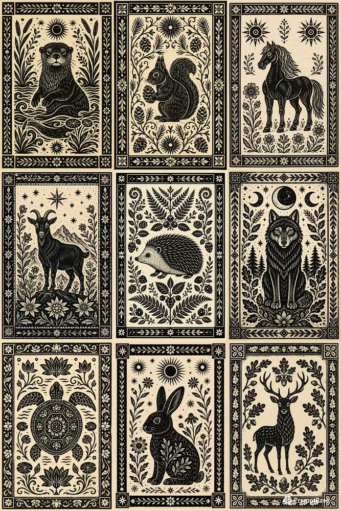 Folk Block Print Animal Art Collections