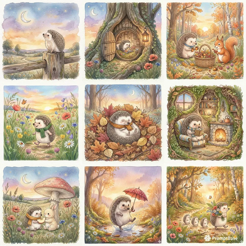 Cute Watercolor Hedgehog Storybook Art
