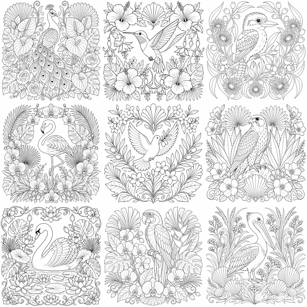 Decorative Flower And Bird Coloring Pages