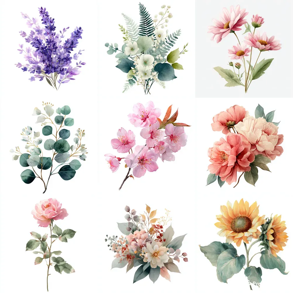 Watercolor Floral Sticker Clipart Sets