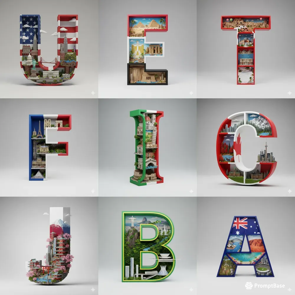 3D Country Letter Landmarks Art Design