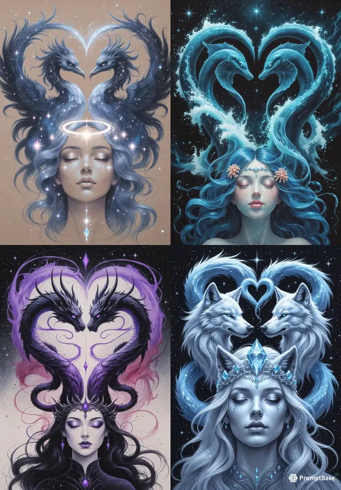 Elemental Mythical Creatures Heart Portraits