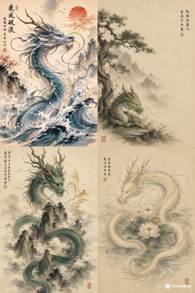 Eastern Dragons Minimalist Inkandwash