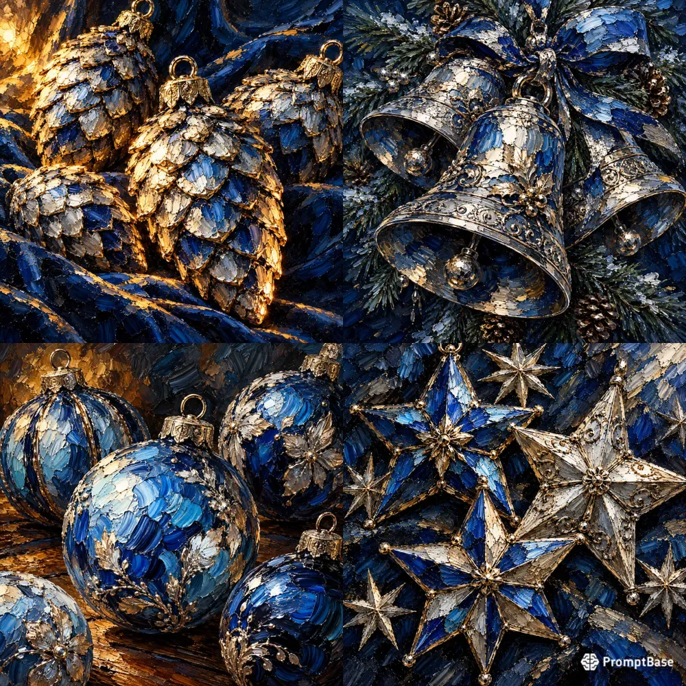 Impasto Blue Silver Christmas Oil Art