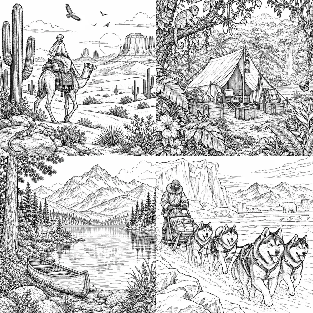 Vintage Adventure Coloring Scenes