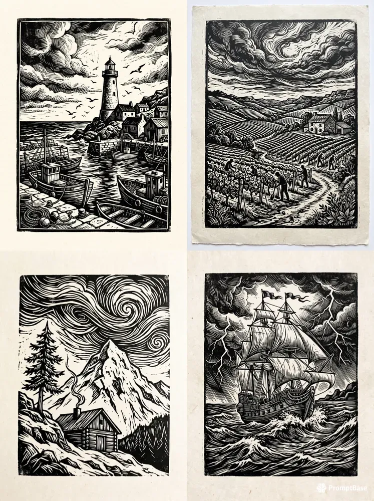 Vintage Woodcut Monoline Art