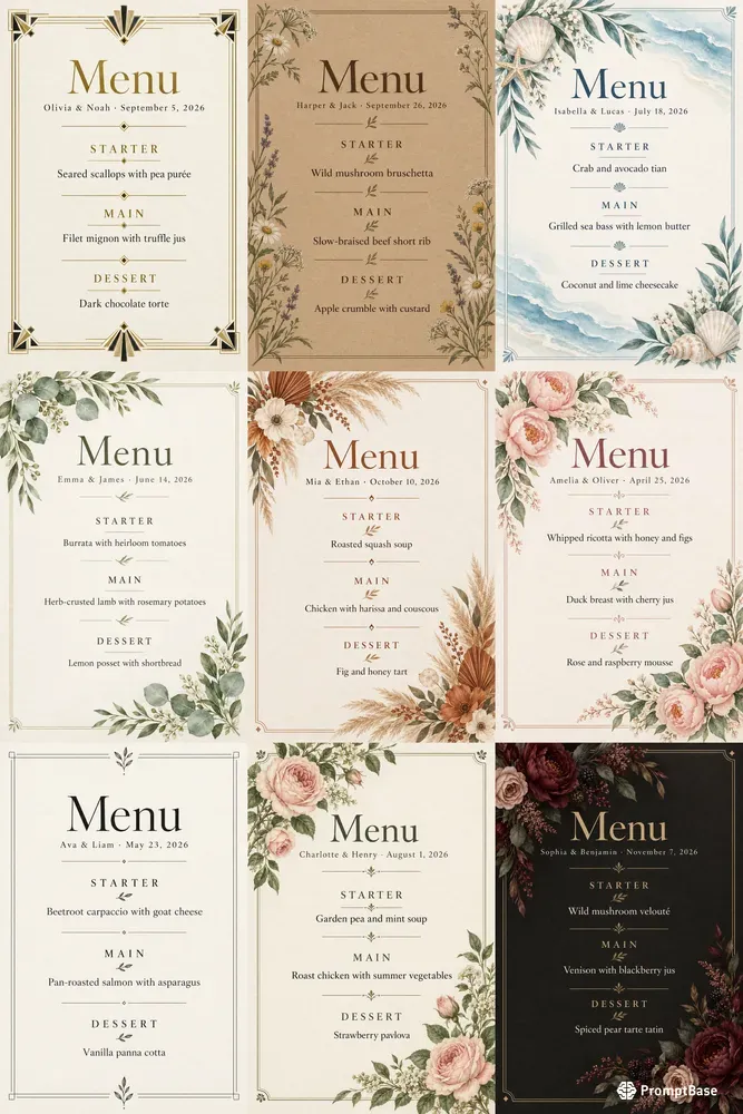 Wedding Menu Card Designs