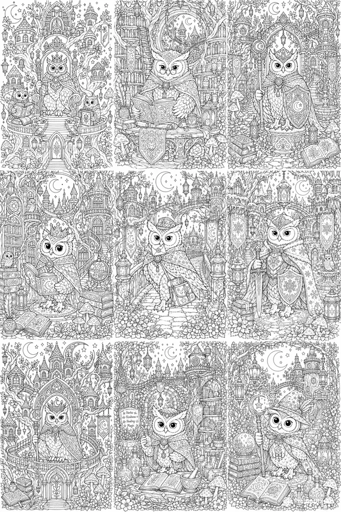 Magical Owl Kingdom Coloring Line Art
