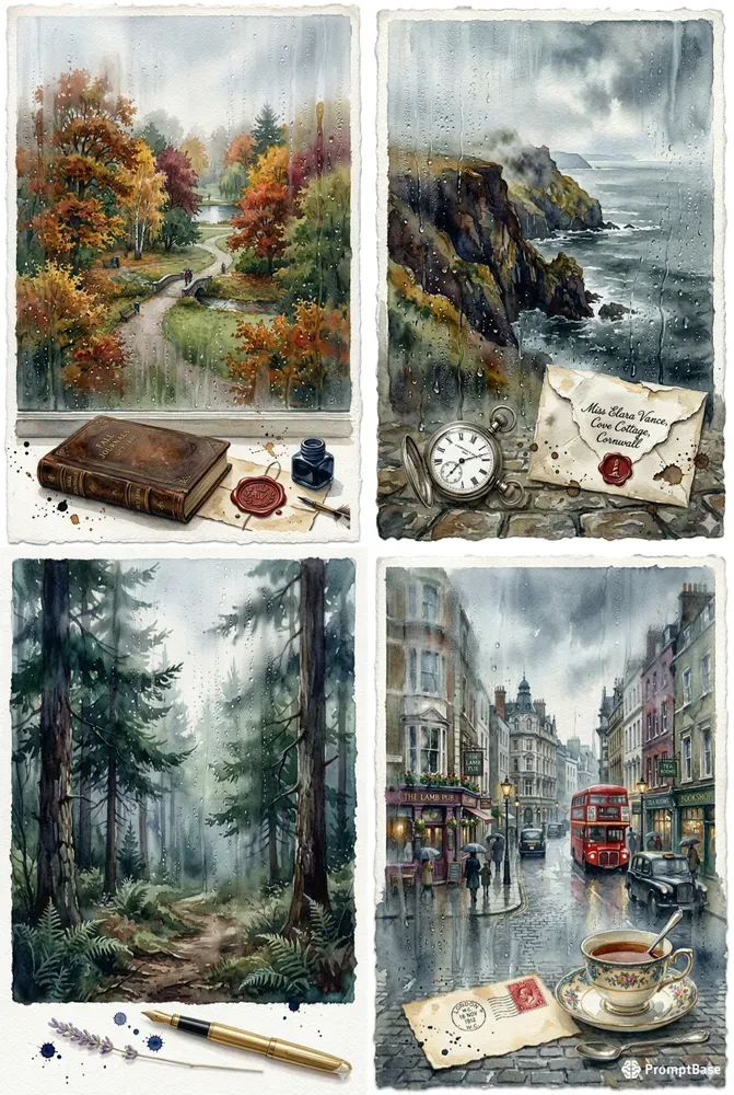 Vintage Watercolor Rainy Windows