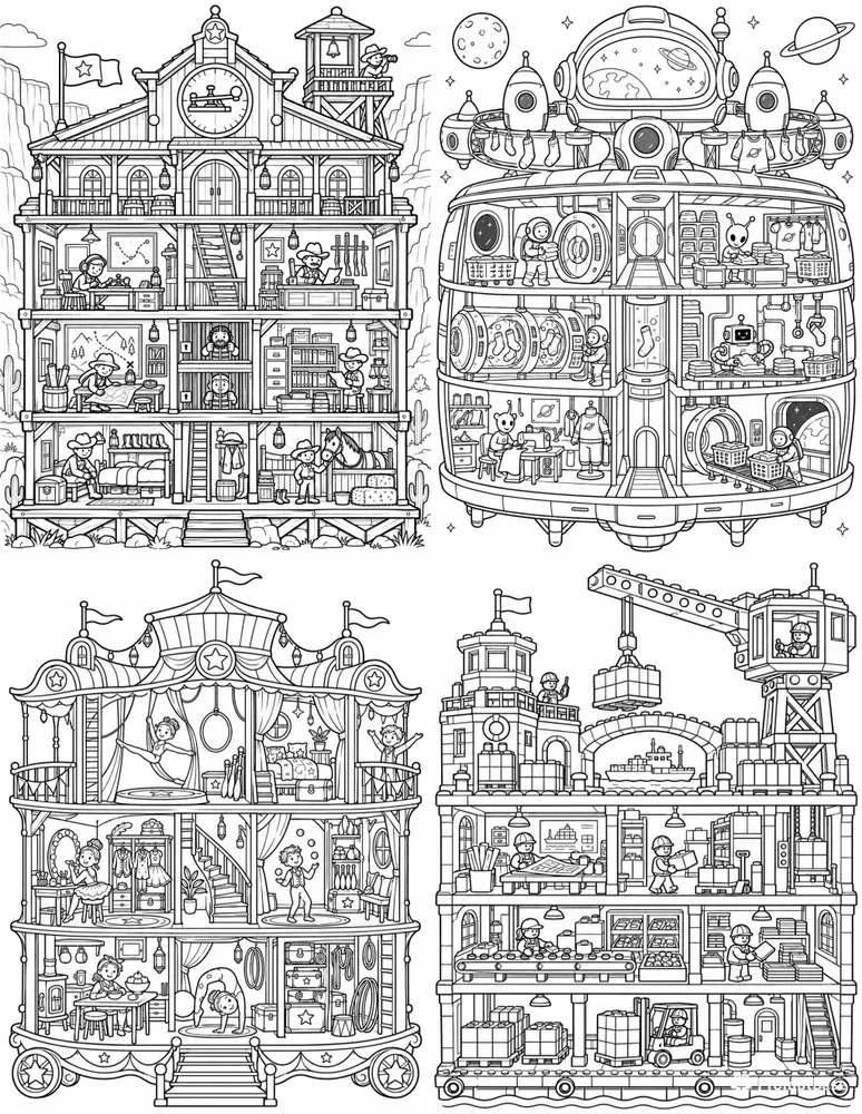 Animal Dollhouse Cutaway Coloring Books