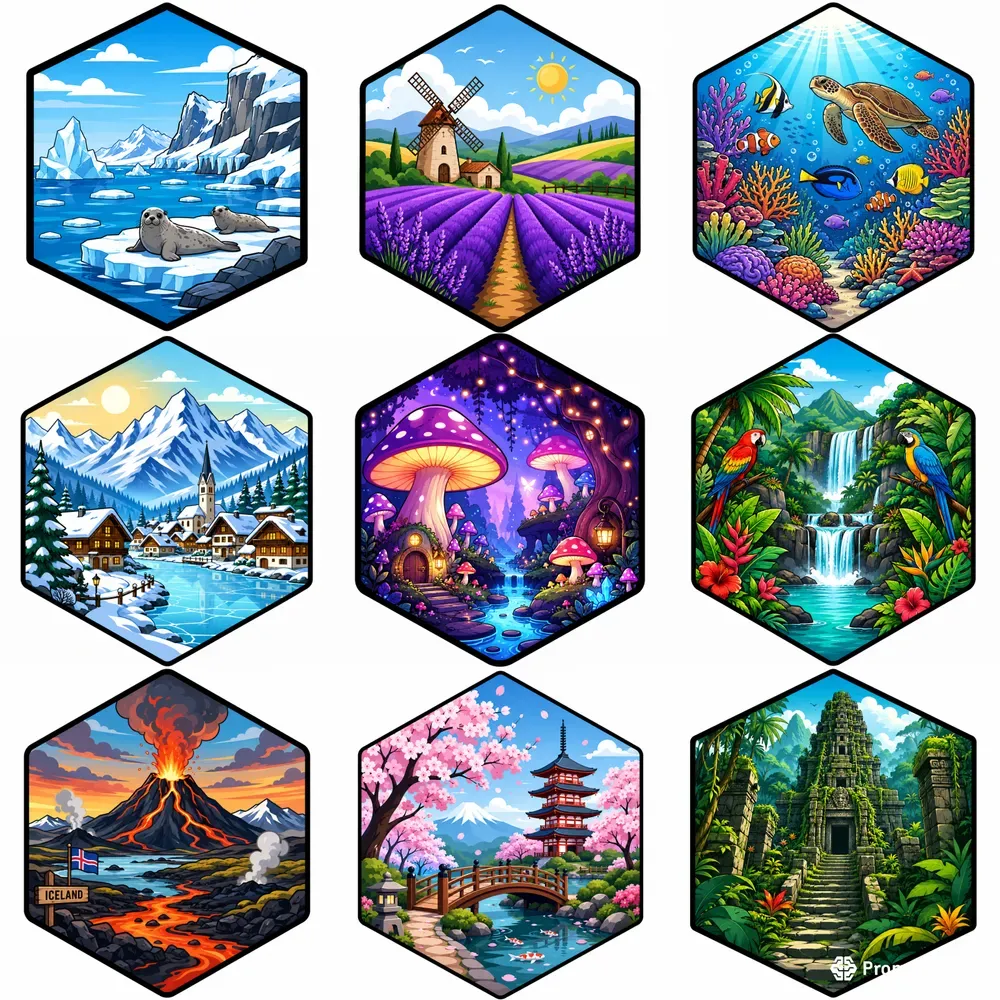 Hexagon Nature Scene Vectors