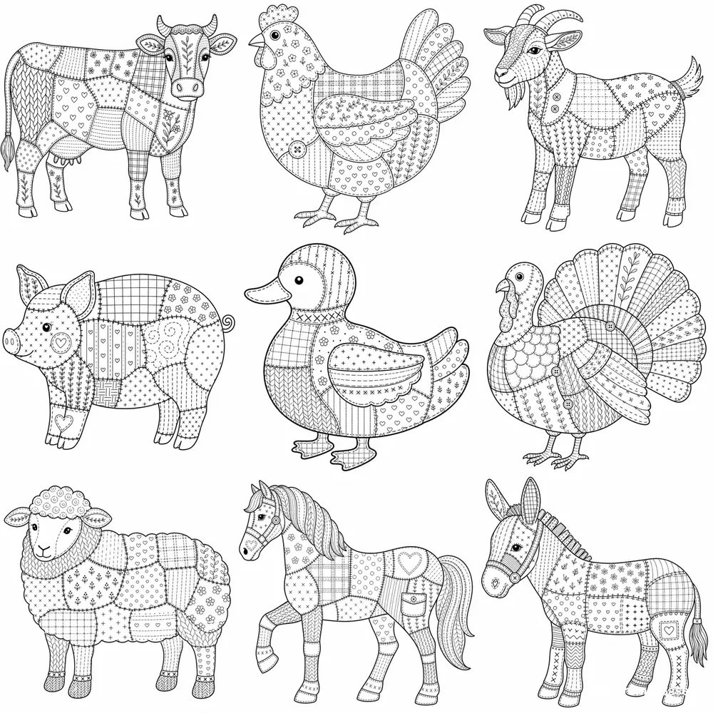 Farm Animal Patchwork Coloring Pages