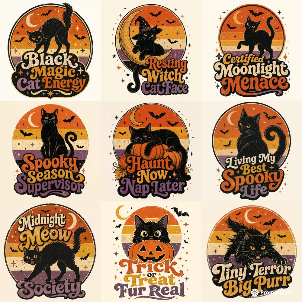 Retro Black Cat Halloween Tee Designs