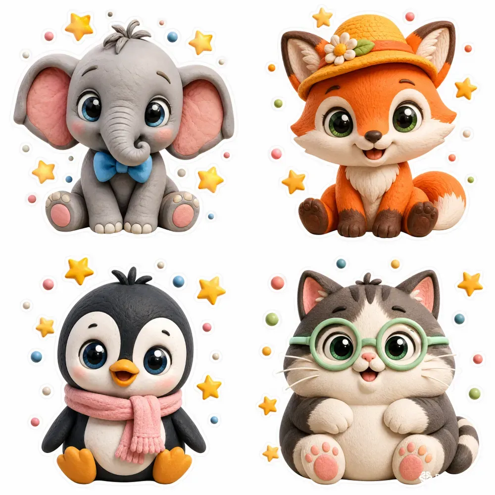 3D Clay Animal Character Sticker Pod Art