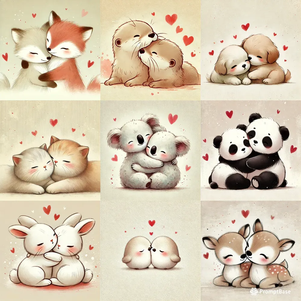 Softly Hand Drawn Animal Couples In Love