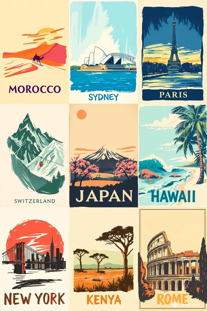 Handdrawn Vintage Travel Posters