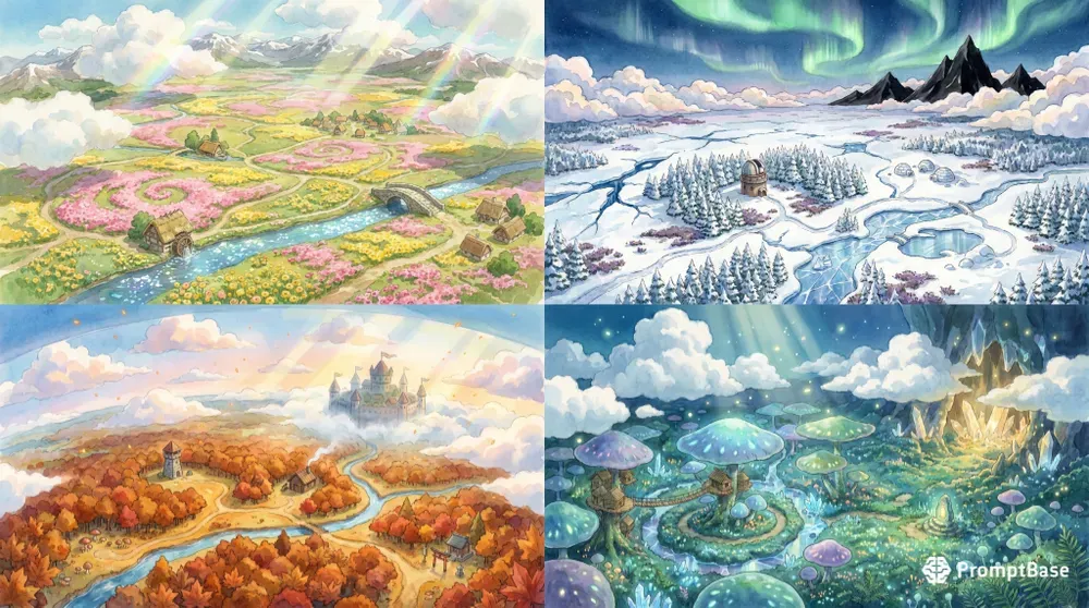 Ghiblistyle Panoramic Aerial Worldbuilds