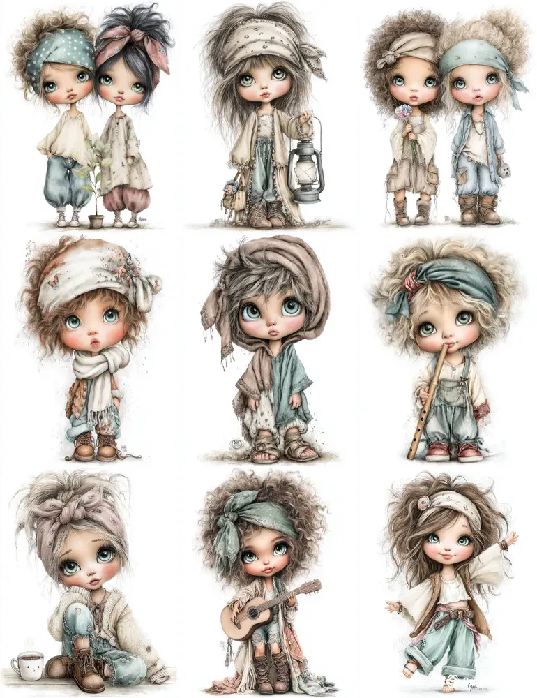 Whimsical Boho Girls And Boys Clipart