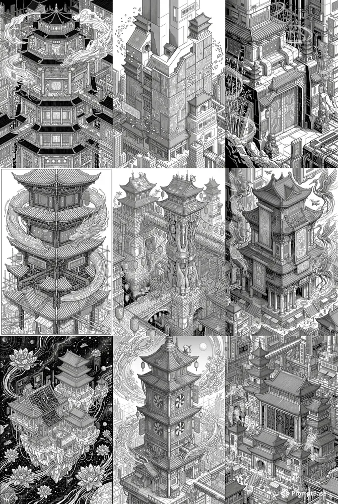 Cyberpunk Chinese Pagoda Coloring Pages