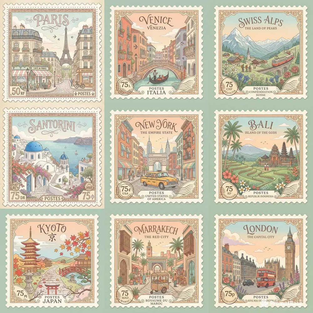 Pastel Travel Postage Stamps