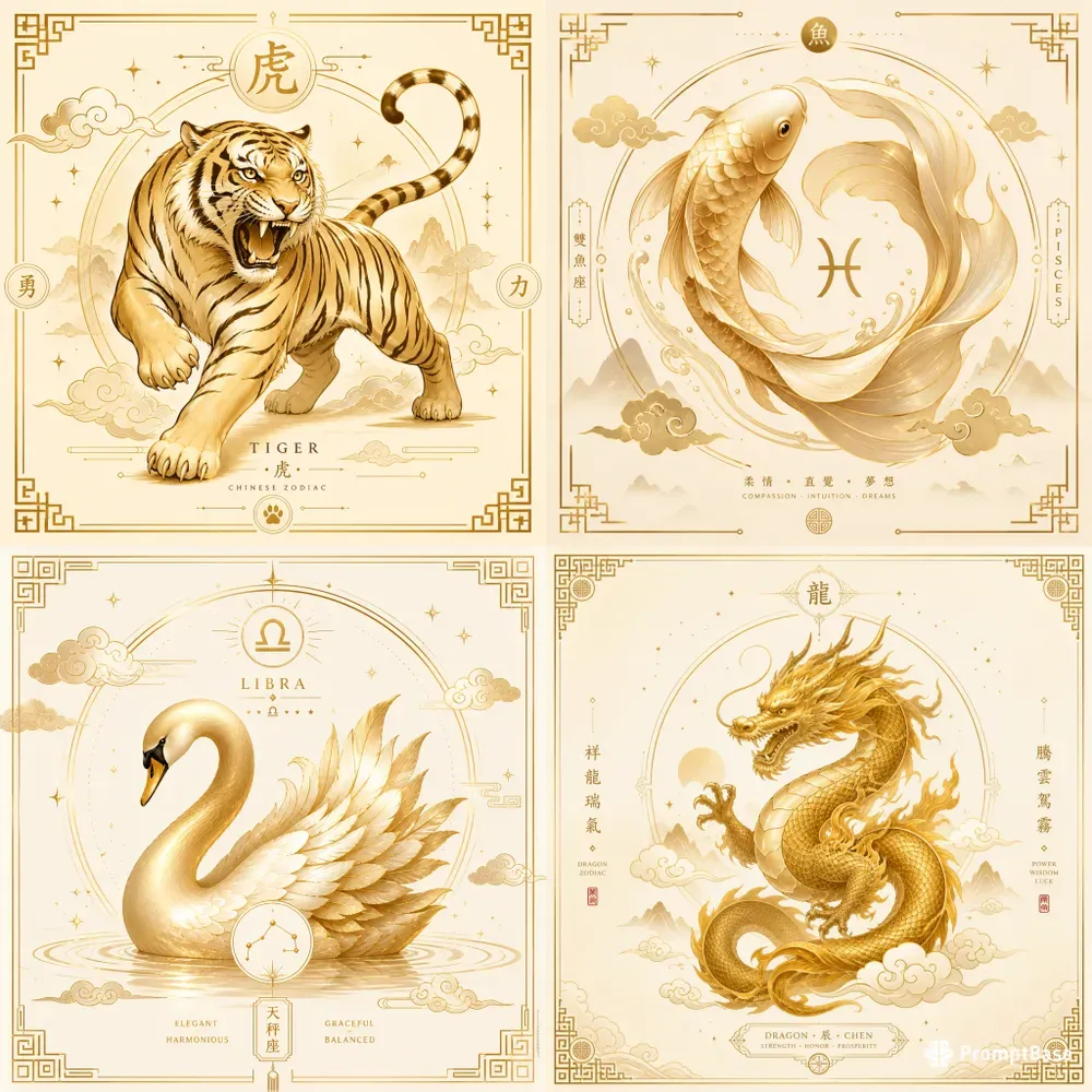 Luxury Golden Zodiac Animal Illustrations