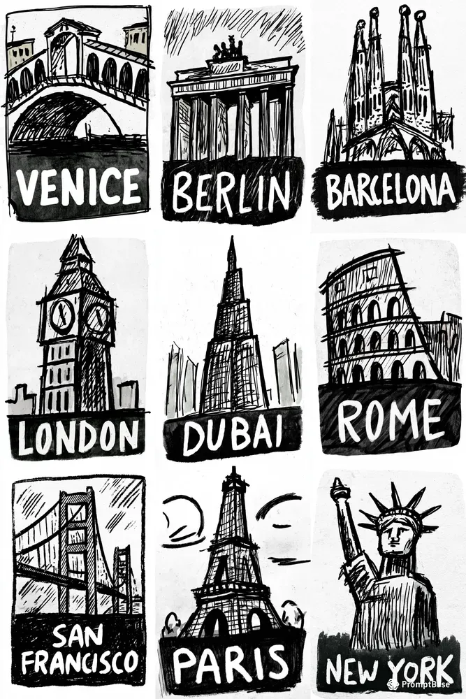 Handdrawn Ink Travel Posters
