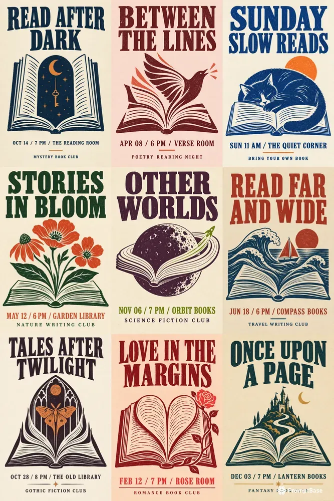 Book Club Linocut Event Posters