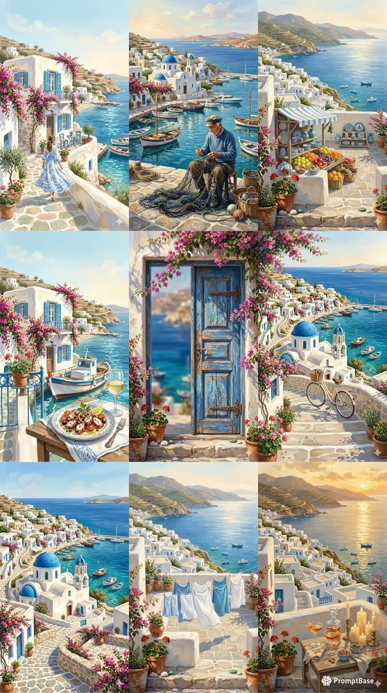 Elegant Greek Seaside Town Paintings