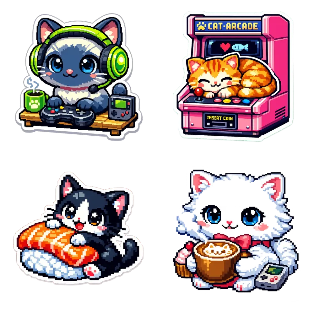 Kawaii Cat Cafe Pixel Art Sticker Sets
