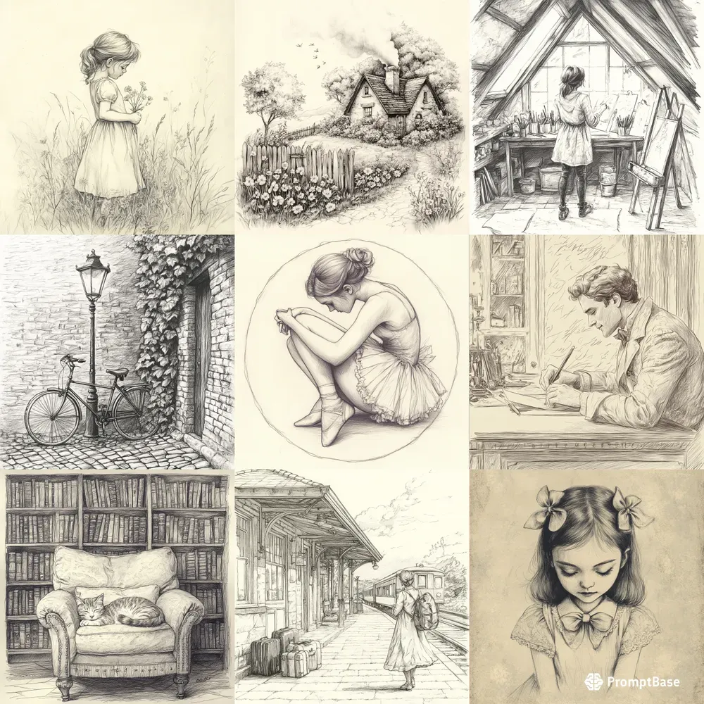 Vintage Storybook Pencil Sketches Midjourney Prompt | PromptBase