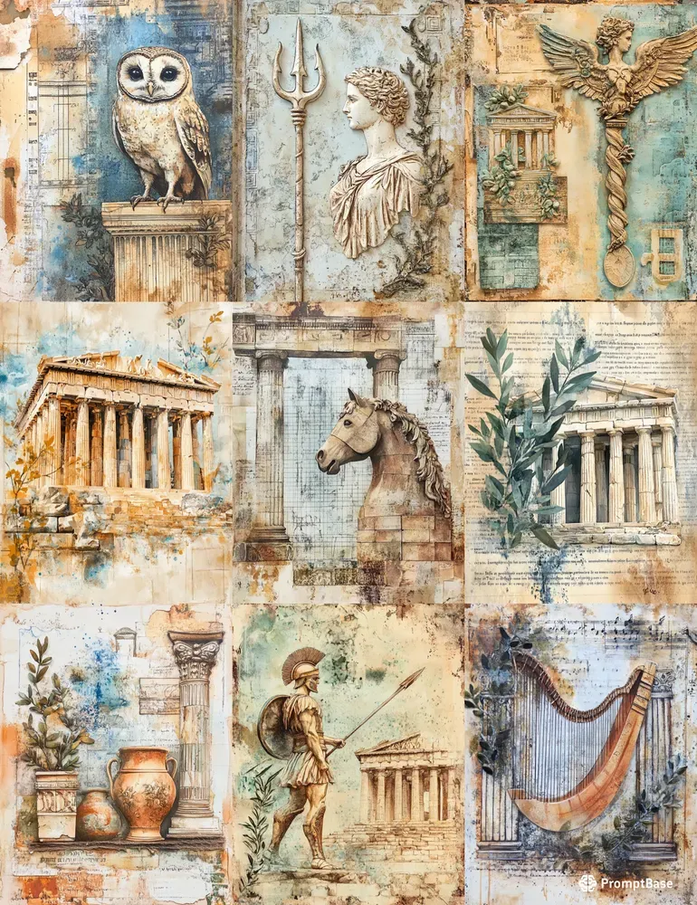 Junk Journal Pages Of Ancient Greece Midjourney Prompt | PromptBase