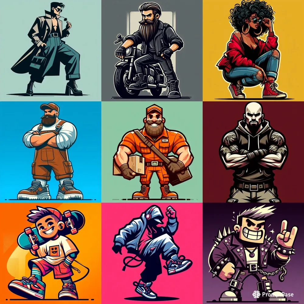 Bold Cartoon Characters With Poses DALL·E Prompt | PromptBase