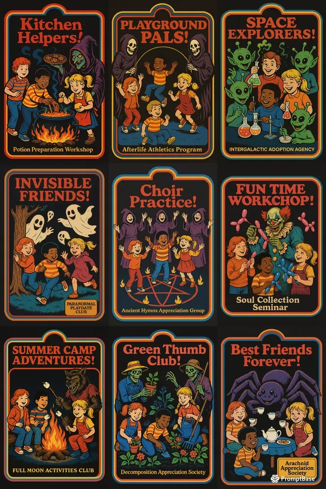 Funny Dark Humor 70s Kids Illustrations ChatGPT Image Prompt Funny Dark Humor 70s Kids Illustrations ChatGPT Image Prompt