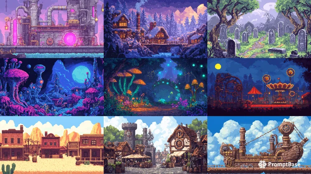 World Pixel Game Backgrounds Midjourney Prompt | PromptBase