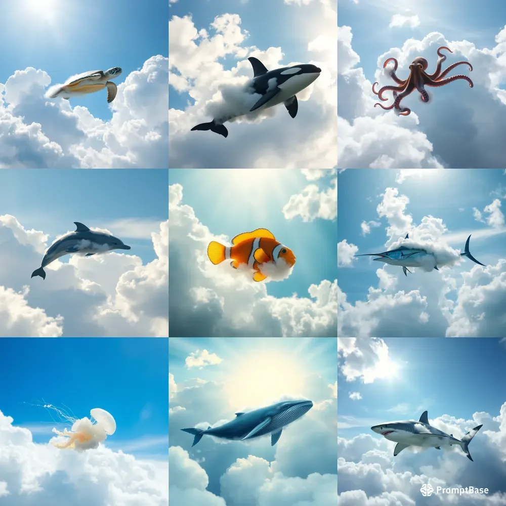 Sea Animals Swimming Through The Clouds FLUX Prompt | PromptBase