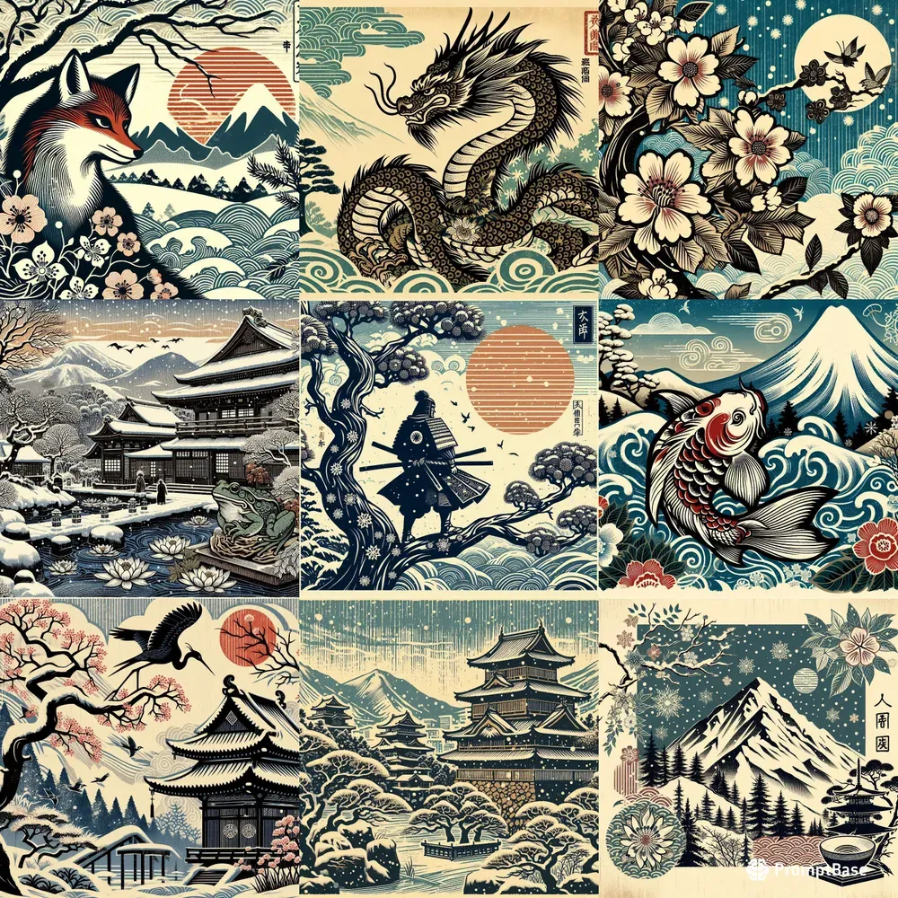 Japanese Woodblock Print Designs DALL·E Prompt | PromptBase