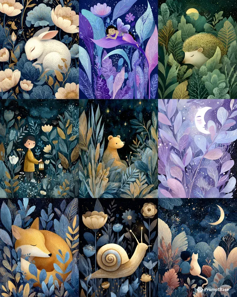 Botanical Fantasy Night Storybook Art Midjourney Prompt | PromptBase