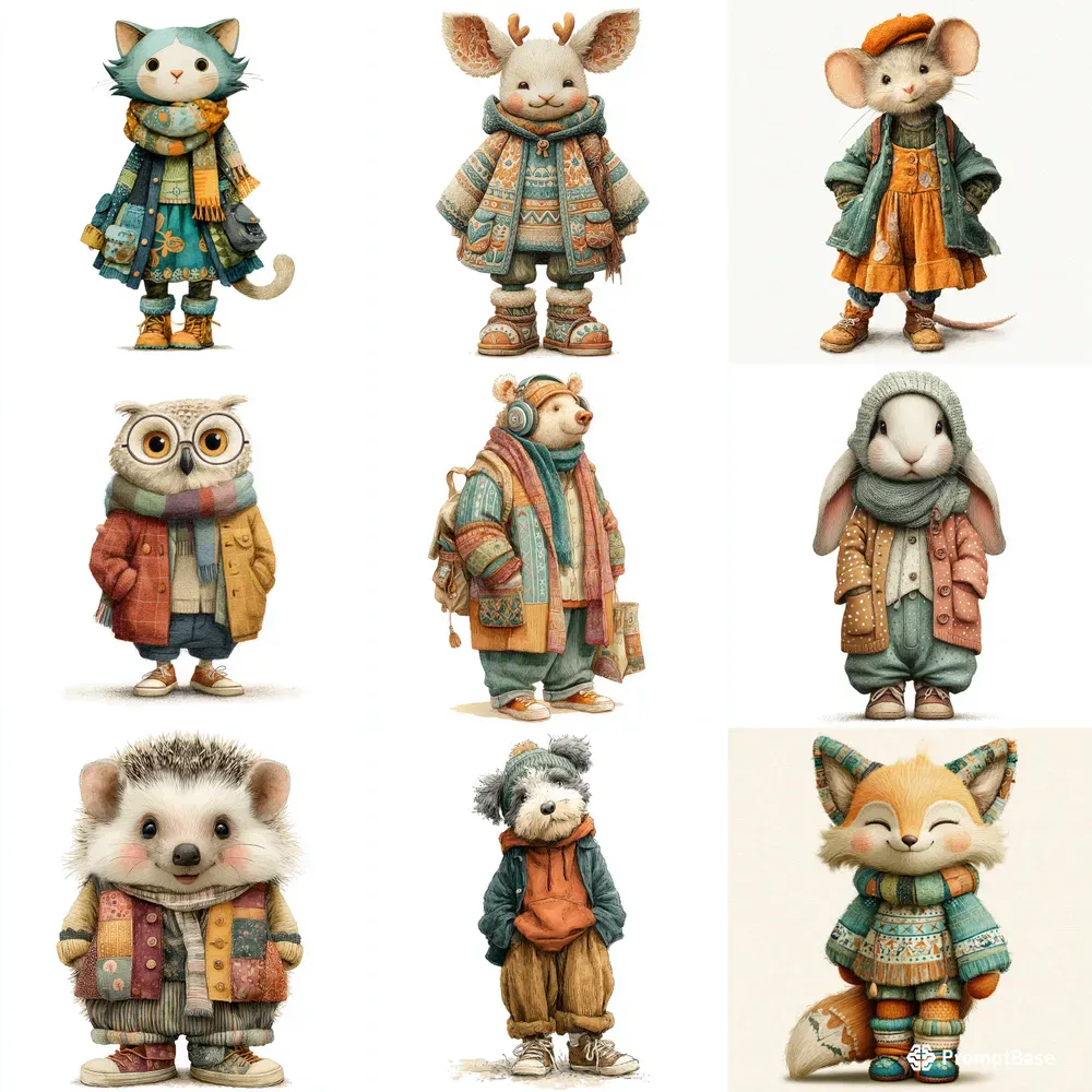 Boho Animals Wearing Cozy Clothes Clipart Midjourney Prompt | PromptBase