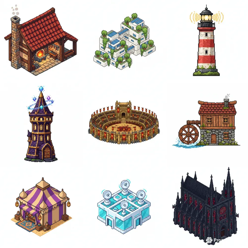 Pixelforge Infinite World Buildings Gemini Image Prompt | PromptBase