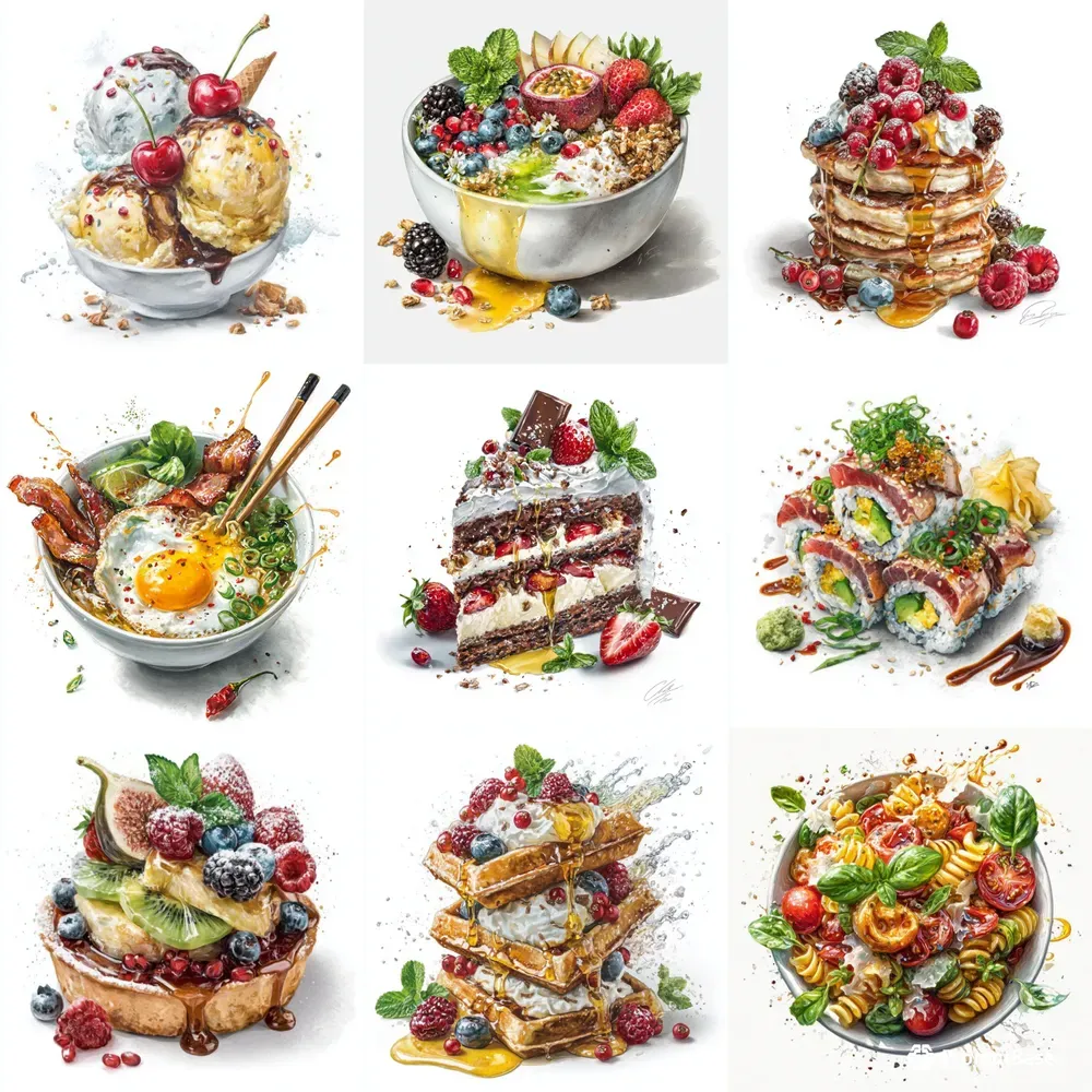 Food Themed Watercolor Clipart Characters Midjourney Prompt | PromptBase