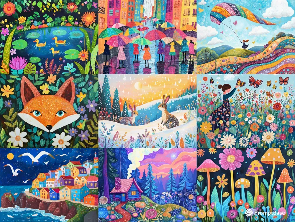 Whimsical Folkart Inspired Illustrations Midjourney Prompt | PromptBase