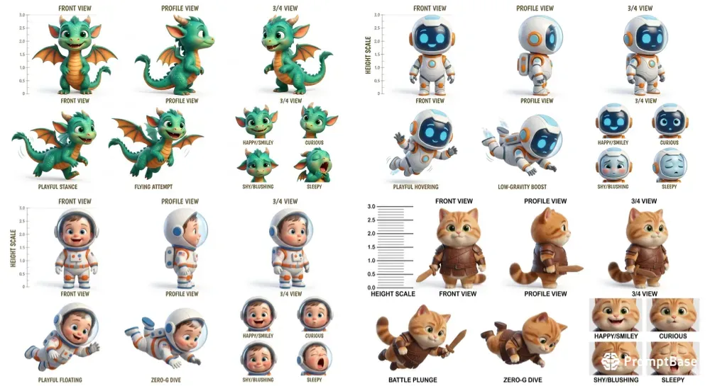 3d Character Sheet Masters Gemini Image Prompt | PromptBase