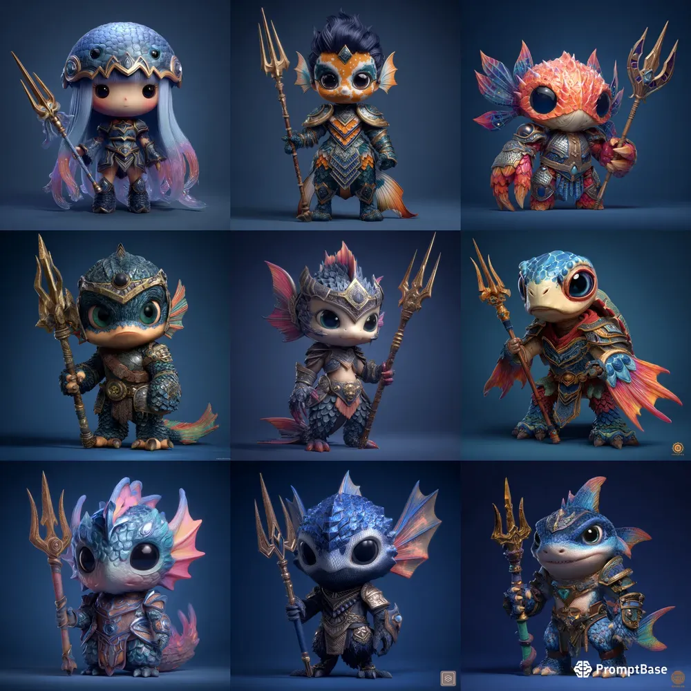Chibi Warrior Aquatic Fantasy Fighters Midjourney Prompt | PromptBase