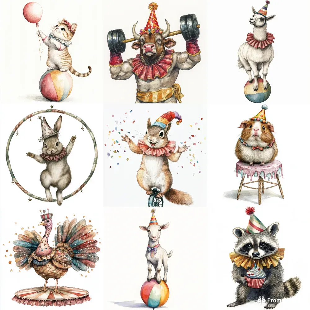 Watercolor Circus Animals Cliparts Midjourney Prompt | PromptBase