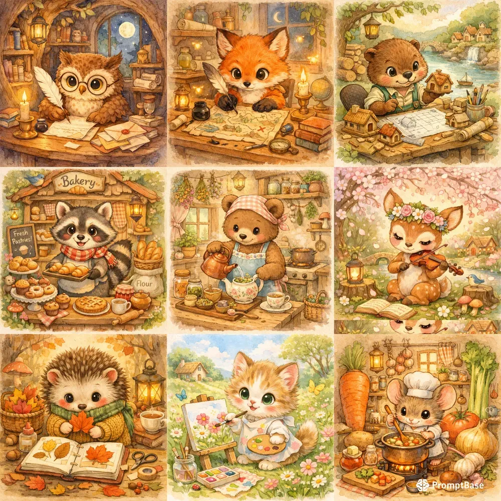Whimsical Cozy Animals In Storybook Art ChatGPT Image Prompt | PromptBase