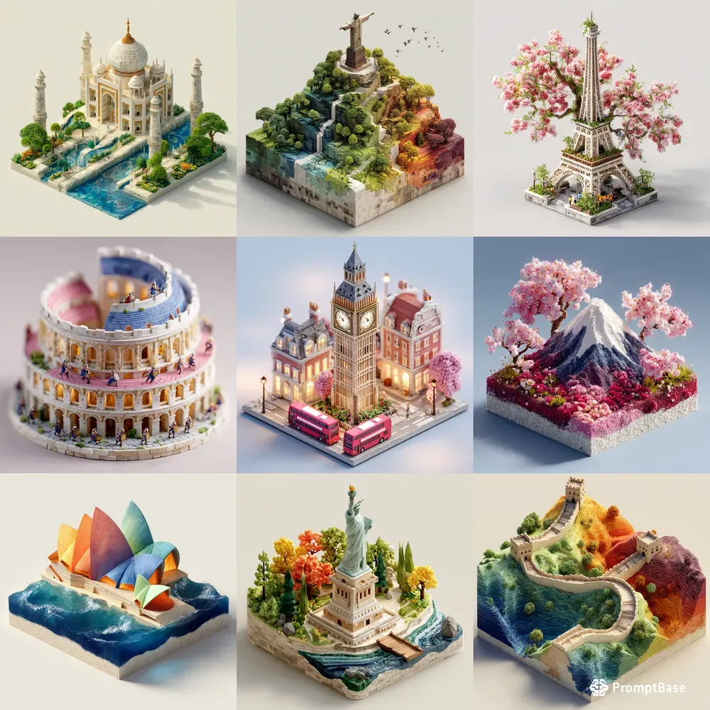 Vibrant Cute Isometric 3D Landmarks Midjourney Prompt | PromptBase