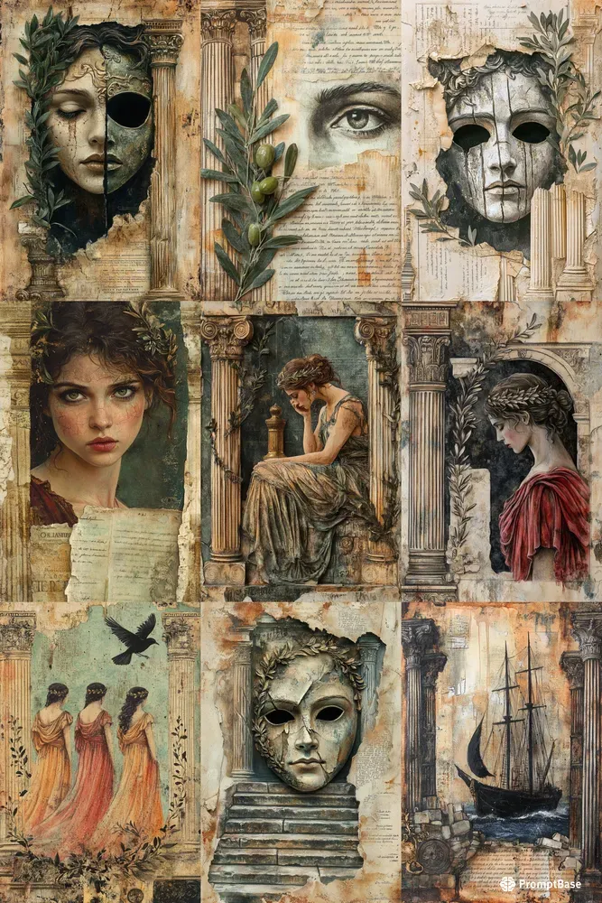 Greek Tragedy Junk Journal Pages Midjourney Prompt | PromptBase