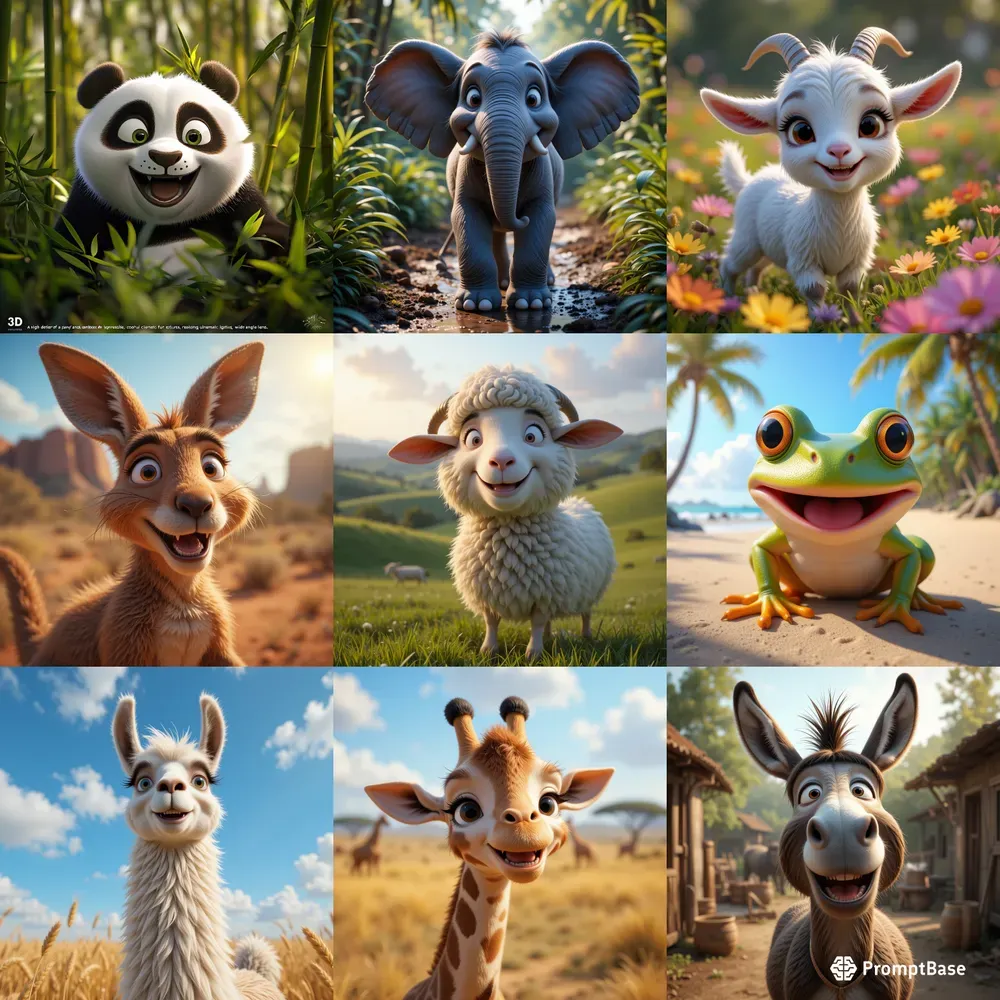 Joyful 3D Animals In Lively Scenes Midjourney Prompt | PromptBase