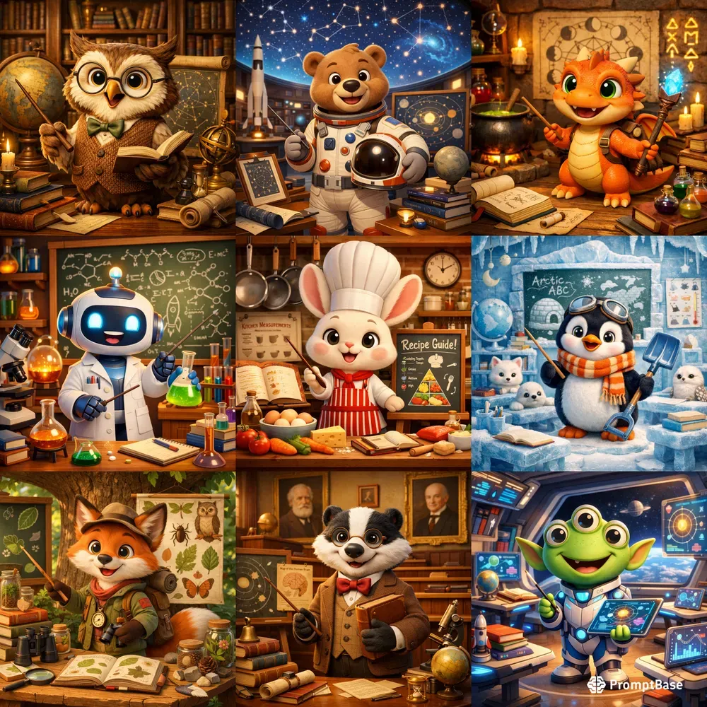 Cute 3D Learning Characters ChatGPT Image Prompt | PromptBase