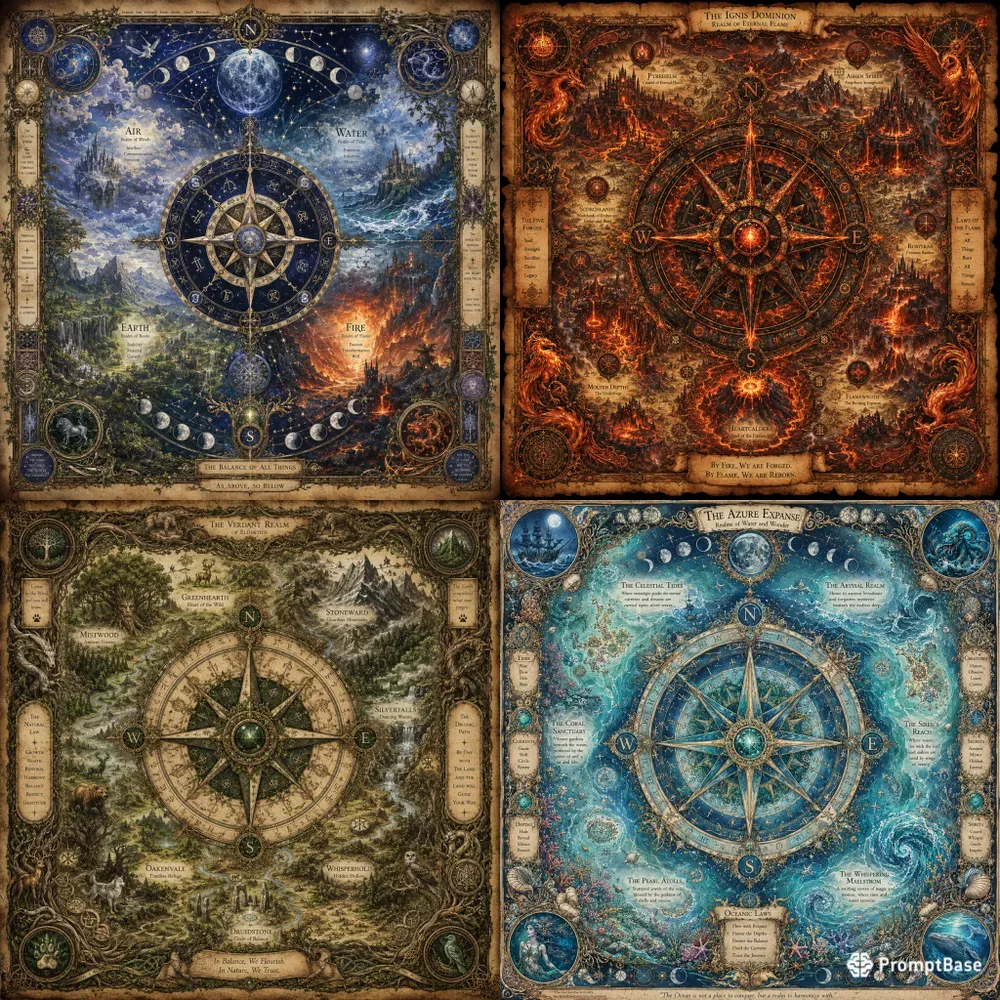8 Elemental Code Using Compass Arcane Elemental Compass Cartography ChatGPT Image Prompt | PromptBase